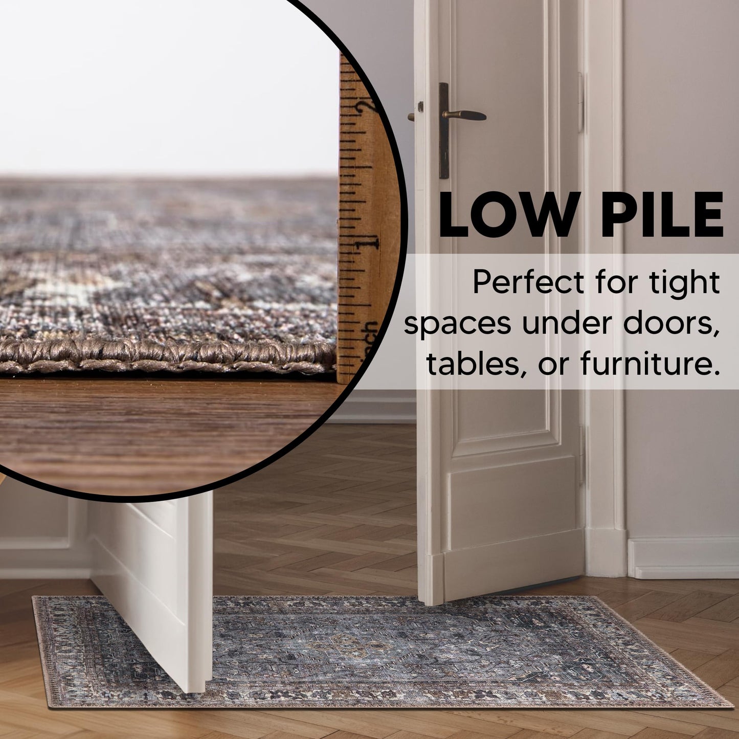 Detail of the soft taupe and cream border on the Heriz rug
