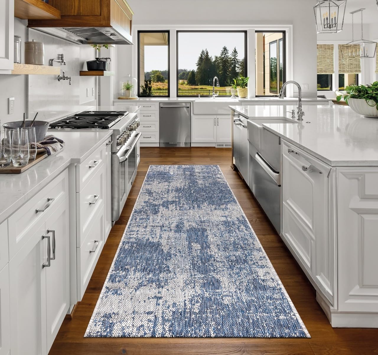 Top-down view of the Navy and ivory modern abstract outdoor rug