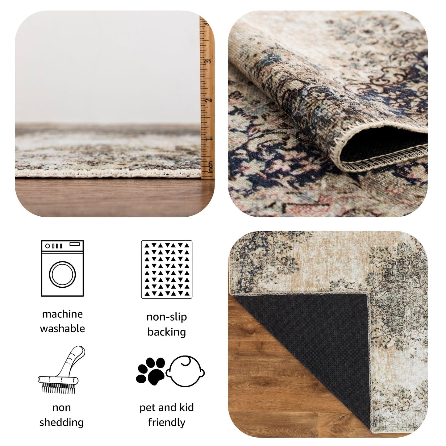 Tiderug Machine Washable Rugs, Beige / Blue