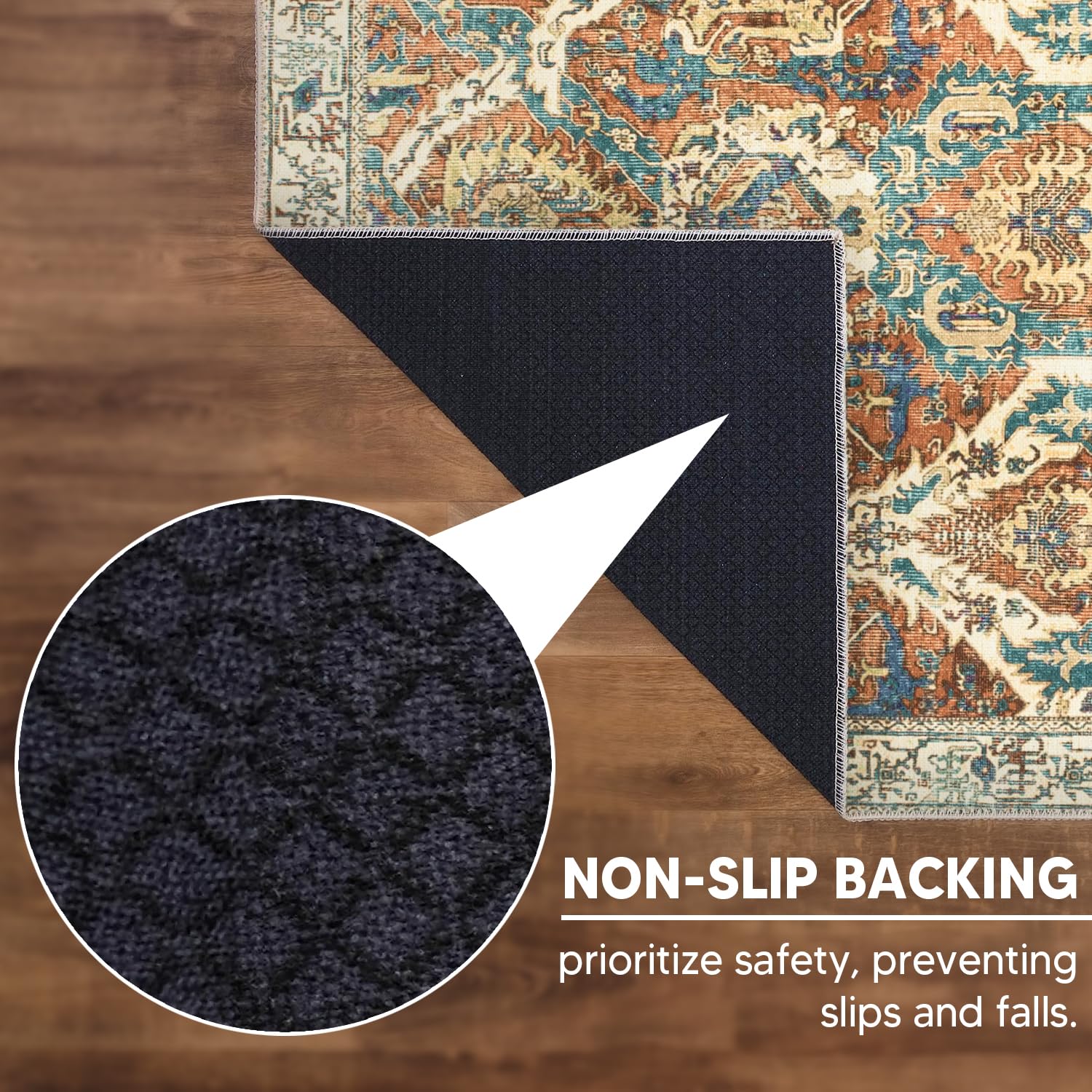 Blue and brown rug in a transitional bedroom setting