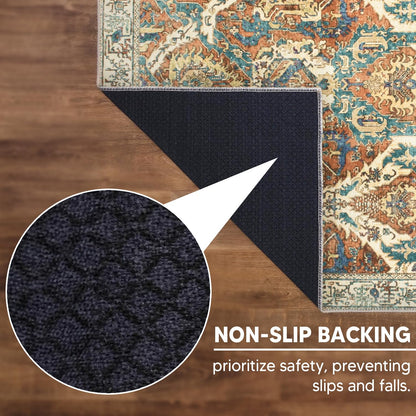 Blue and brown rug in a transitional bedroom setting