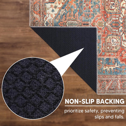 Indigo and rust Heriz rug in a romantic jewel-tone bedroom