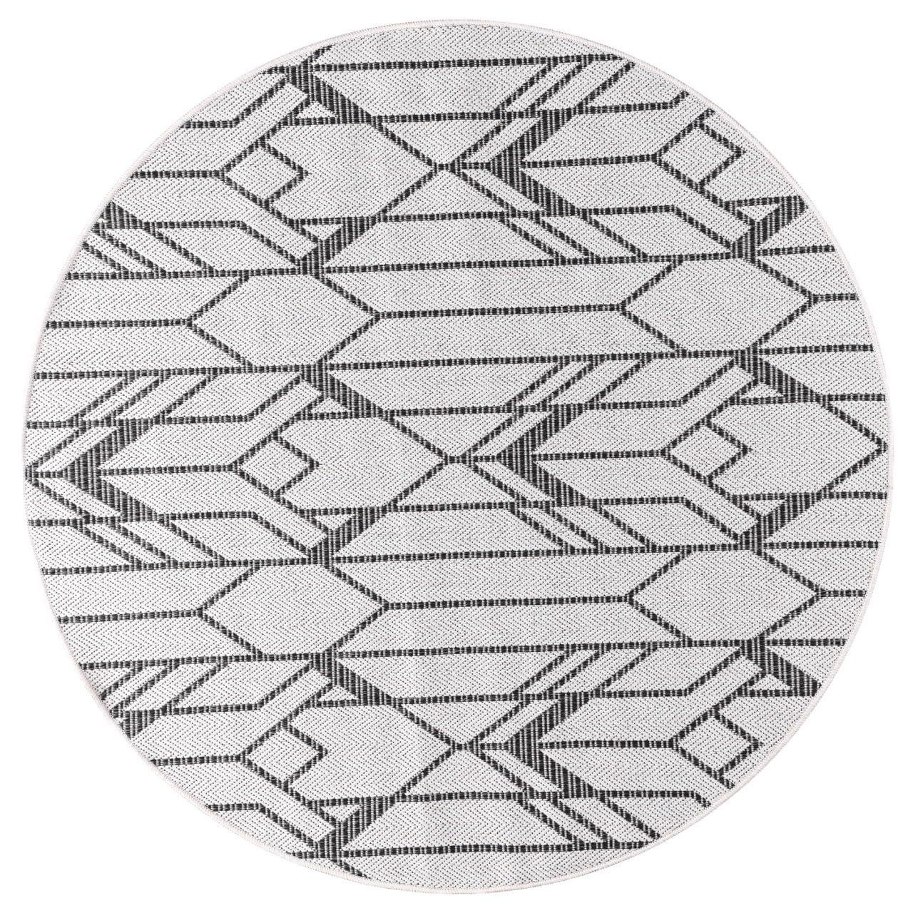 Black Art Deco rug in mid-century modern screened porch setting