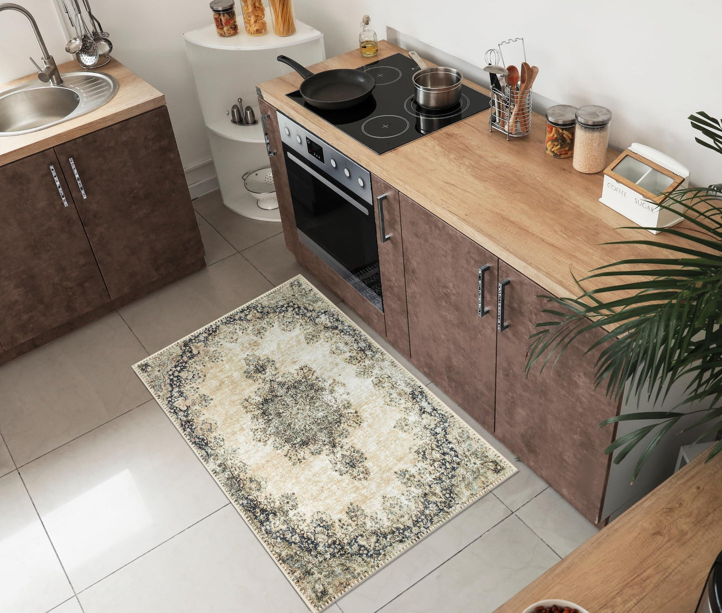 Tiderug Machine Washable Rugs, Beige / Blue