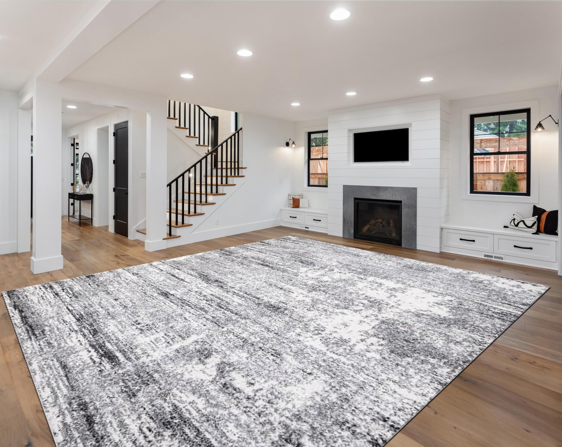 Light neutral abstract rug in a Scandinavian-style living room
