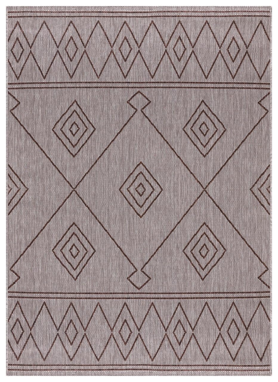 Brown and beige Berber Moroccan outdoor rug on covered teak patio