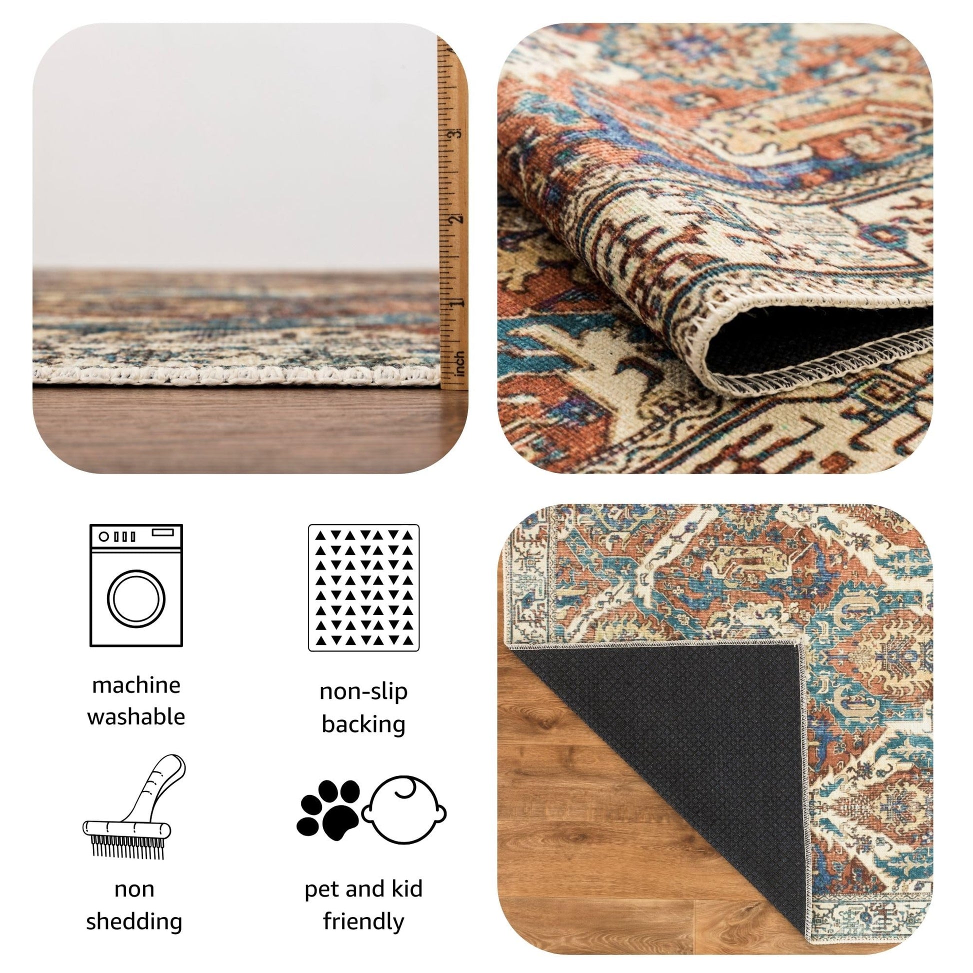 Vintage-inspired washable rug in a kids playroom