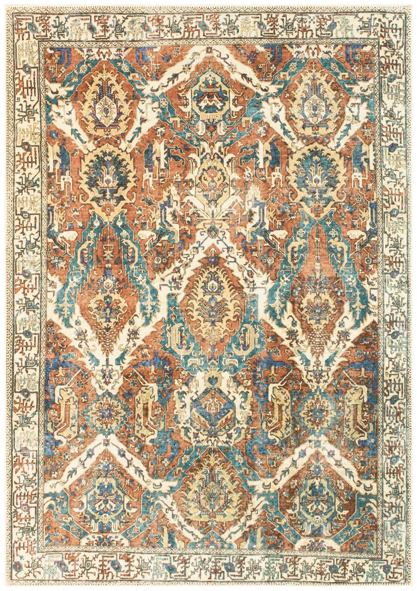 Washable Persian-style area rug in blue and earth brown