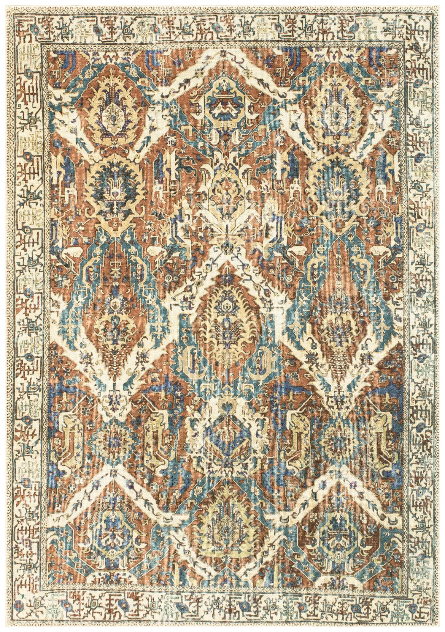 Washable Persian-style area rug in blue and earth brown