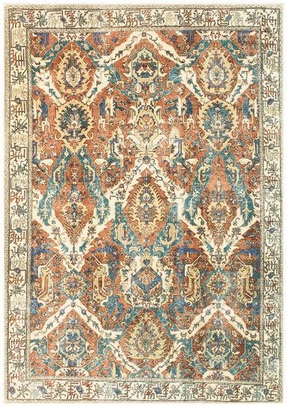 Washable Persian-style area rug in blue and earth brown