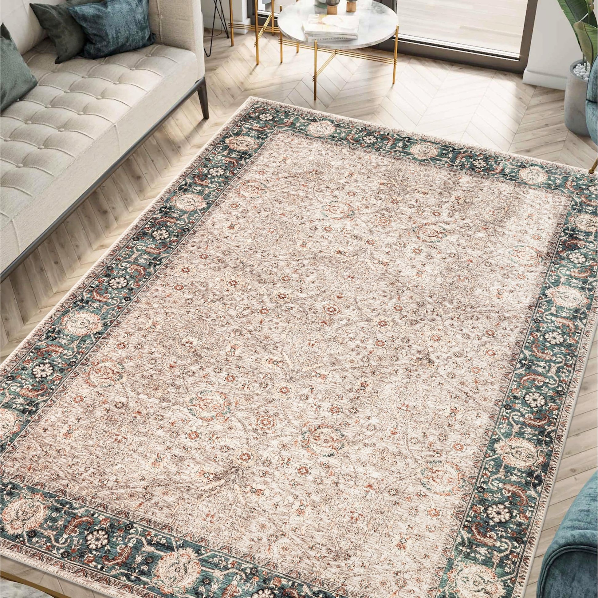 Cream Nain rug styled in a refined neutral living room