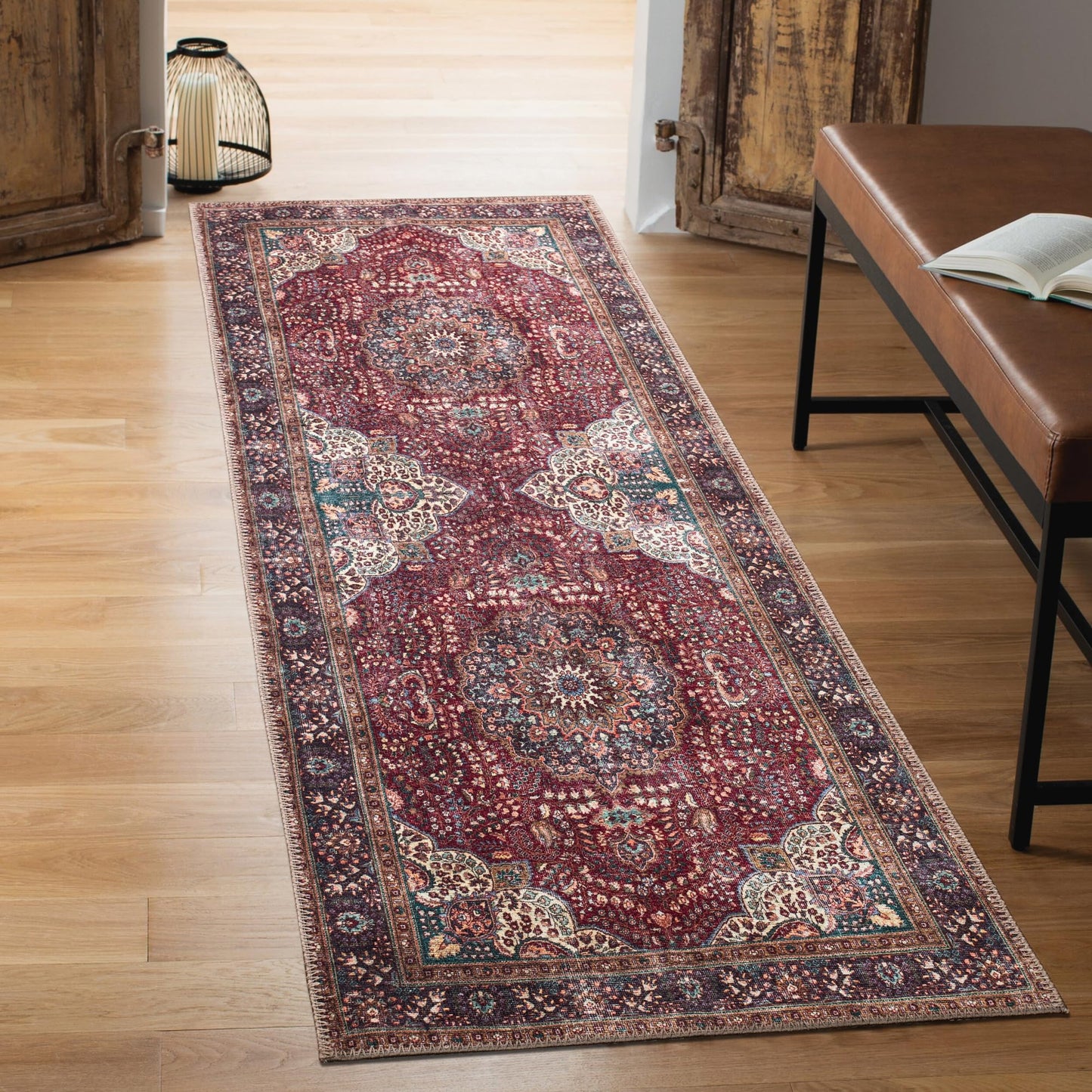Tiderug Machine Washable Rugs, Red/Dark Beige