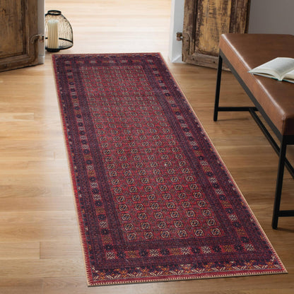 Close-up of the horizontal stripes and rosette motifs on the Afghan rug