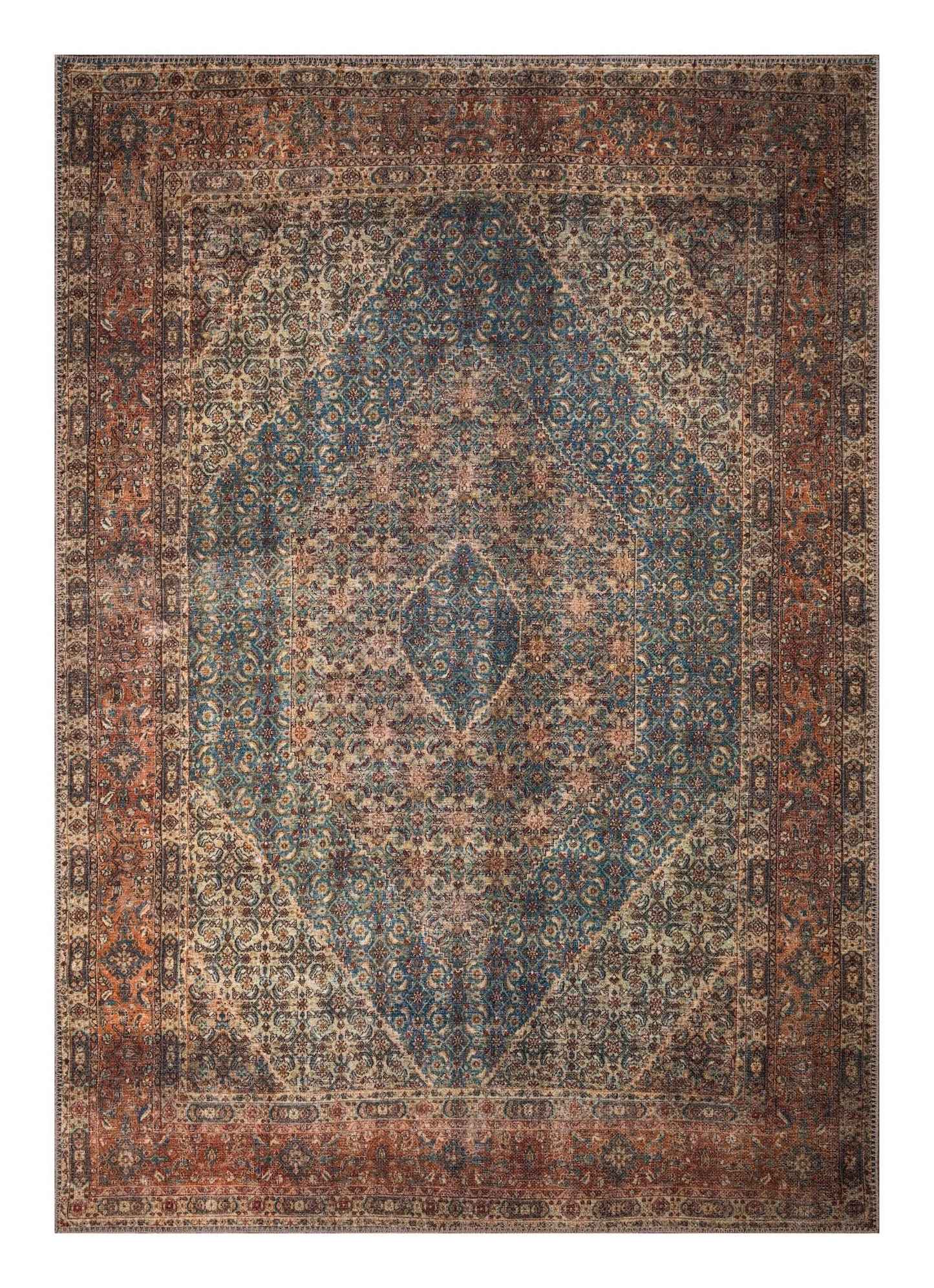 Antique Bidjar Persian area rug in turquoise teal and rust with diamond medallion