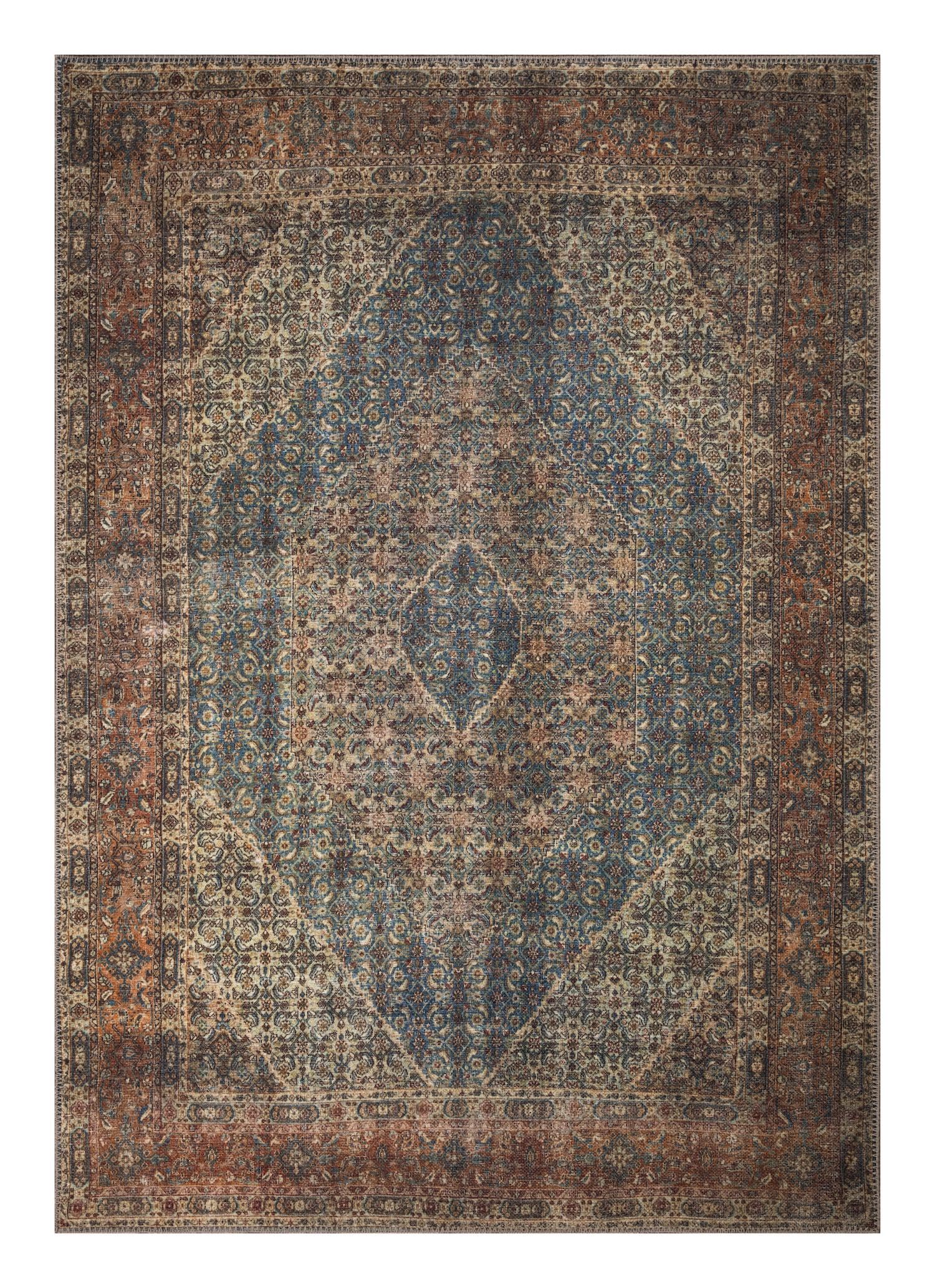 Antique Bidjar Persian area rug in turquoise teal and rust with diamond medallion