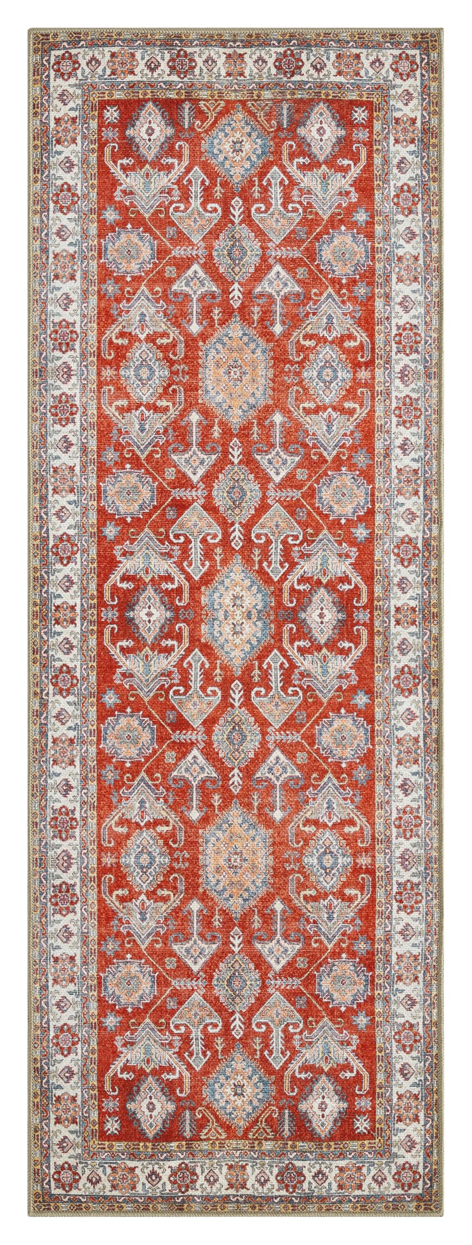 Red Kazak rug in an eclectic global-decor living room