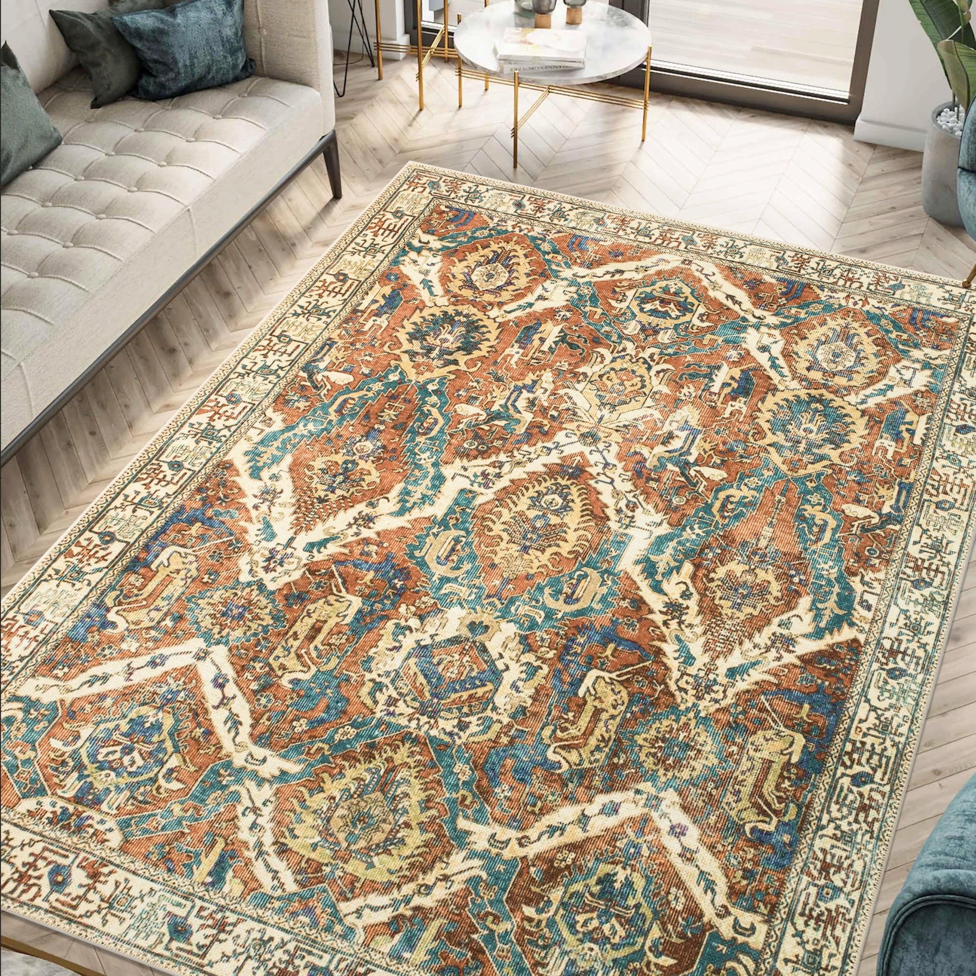Vintage boho rug styled in a modern living room