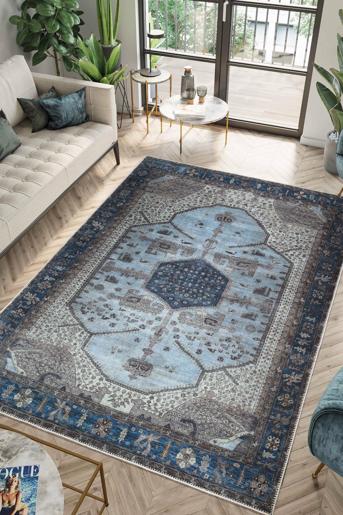 Tiderug Machine Washable Rugs, Blue/Beige