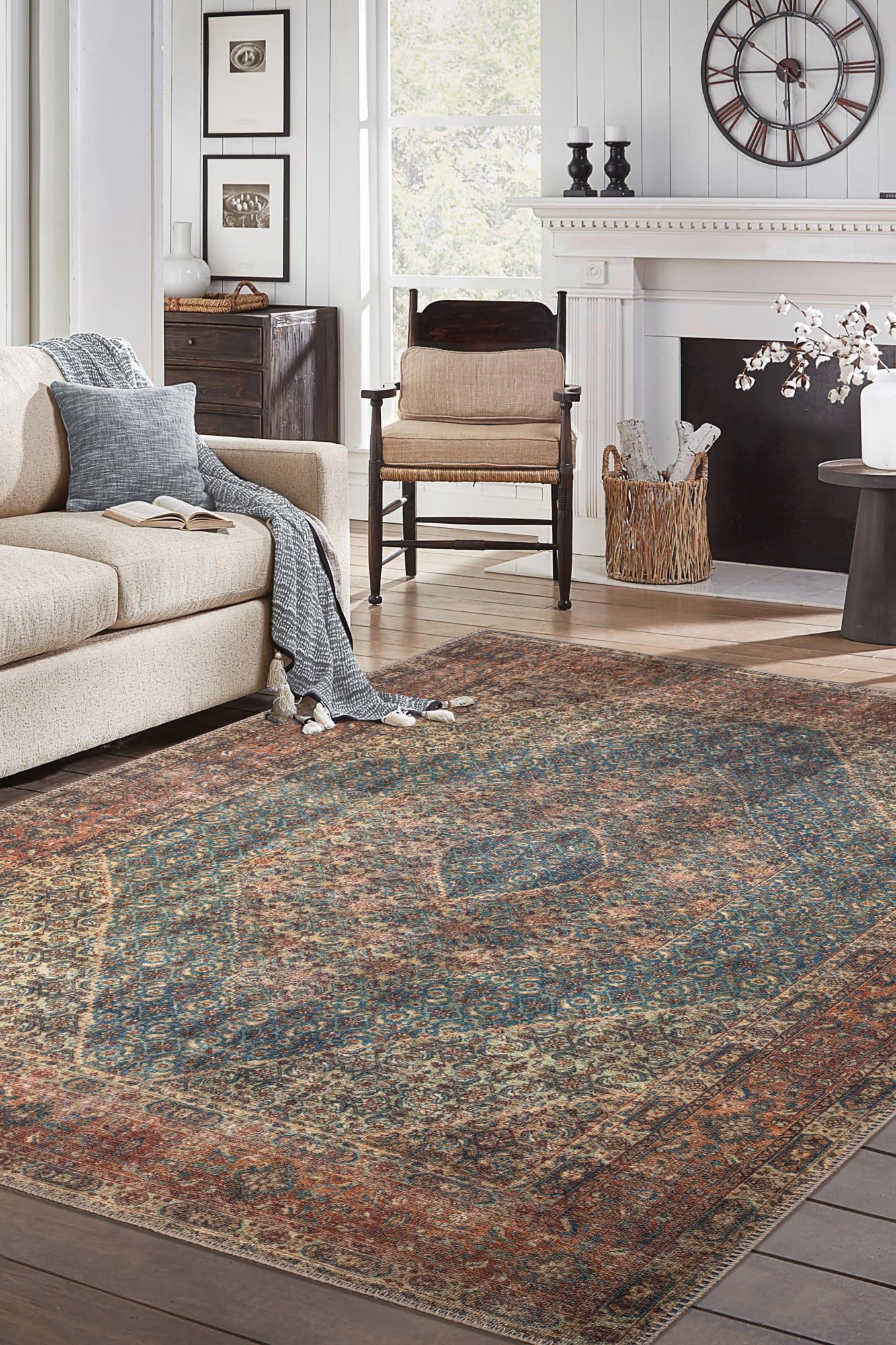 Turquoise Bidjar rug in a heritage interior with antique furniture