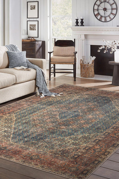 Turquoise Bidjar rug in a heritage interior with antique furniture