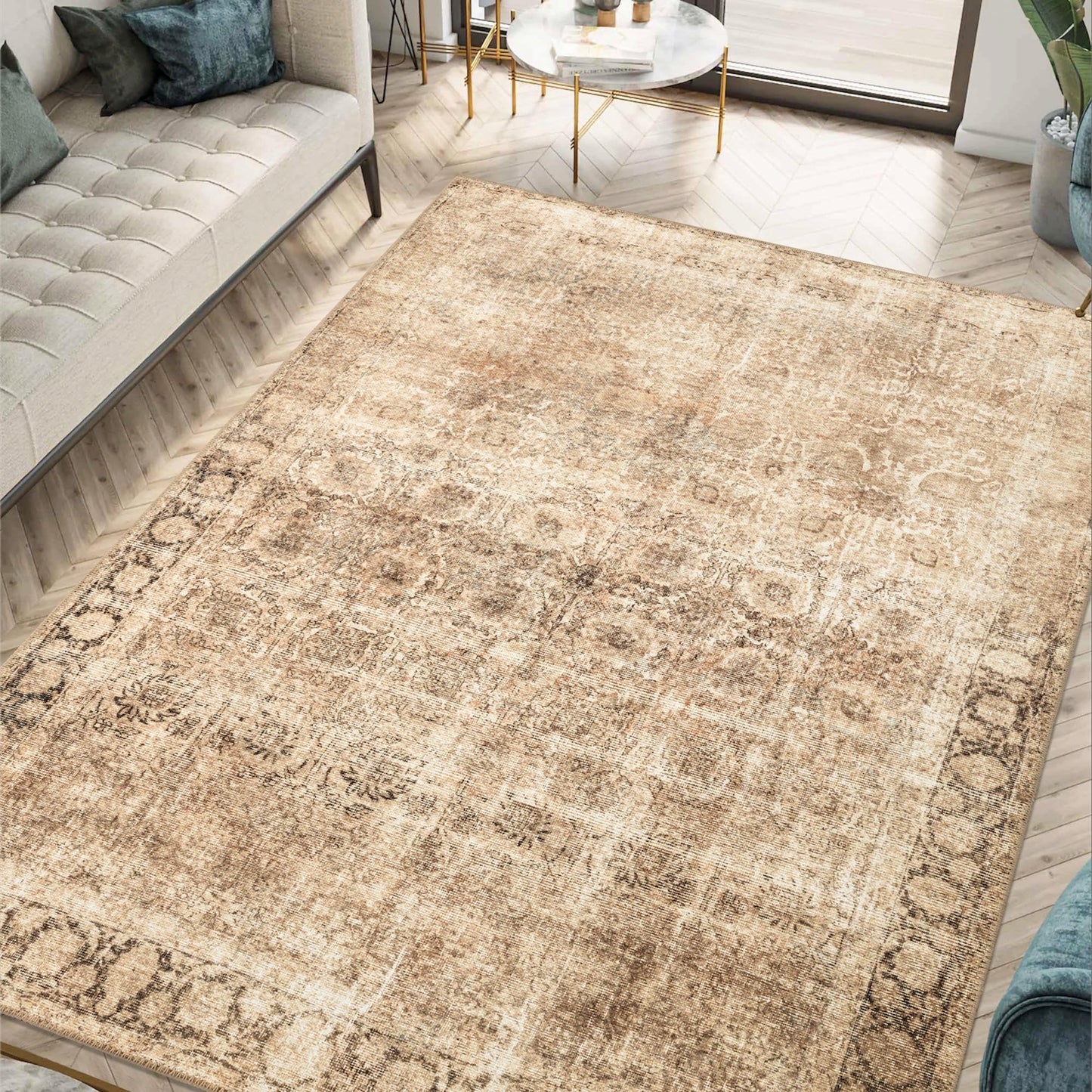 Beige Sarouk rug styled in a warm-traditional American living room