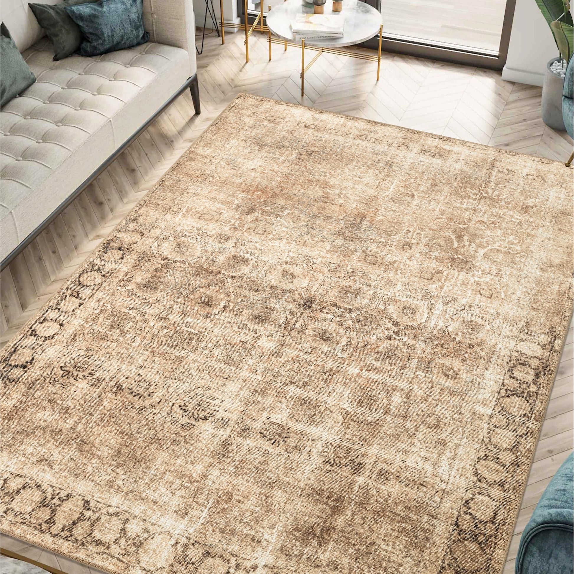 Beige Sarouk rug styled in a warm-traditional American living room