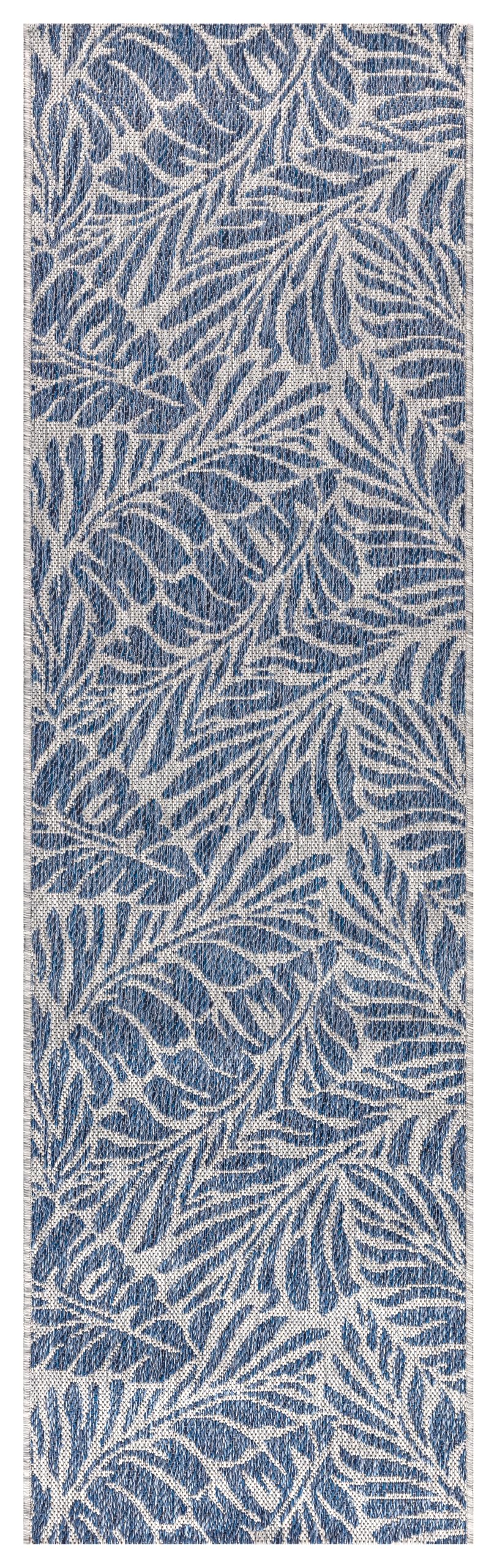 Close-up texture of the tropical fronds in Navy on gray
