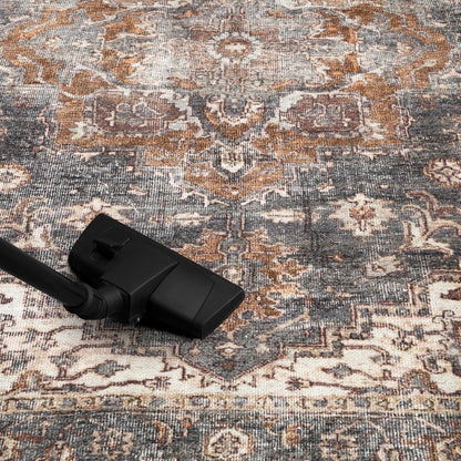 Modern Persian rug in a home office with leather chair and dark wood