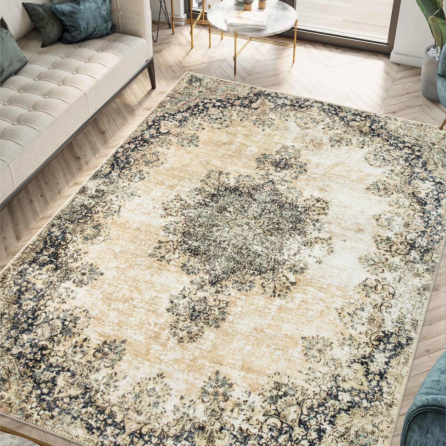 Tiderug Machine Washable Rugs, Beige / Blue