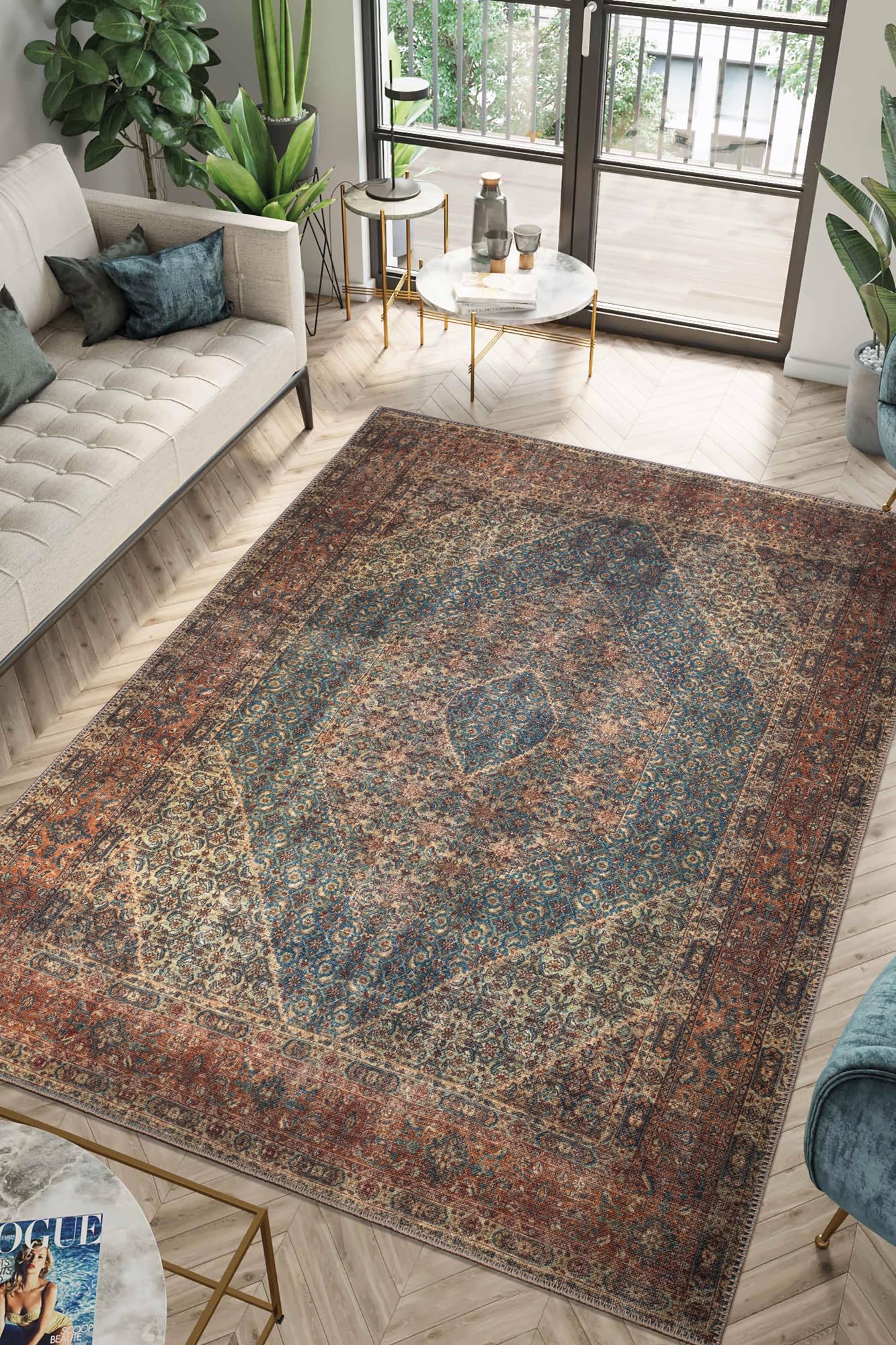 Top-down view of the turquoise and rust antique Bidjar Persian rug