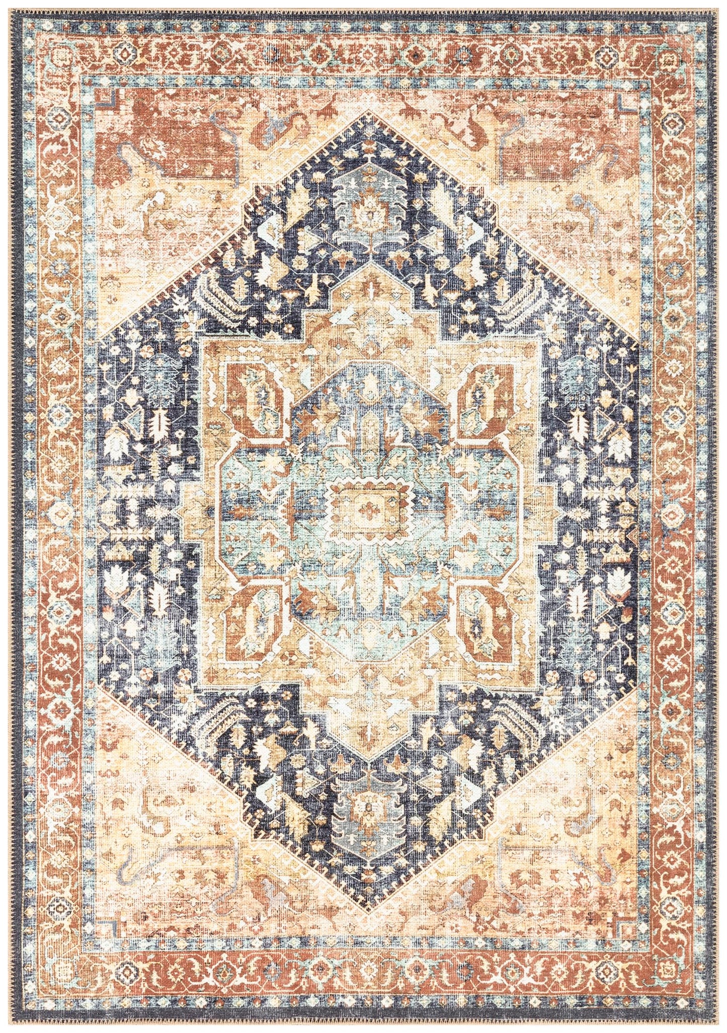 Vintage Heriz Persian area rug in navy blue and rust orange with faded medallion