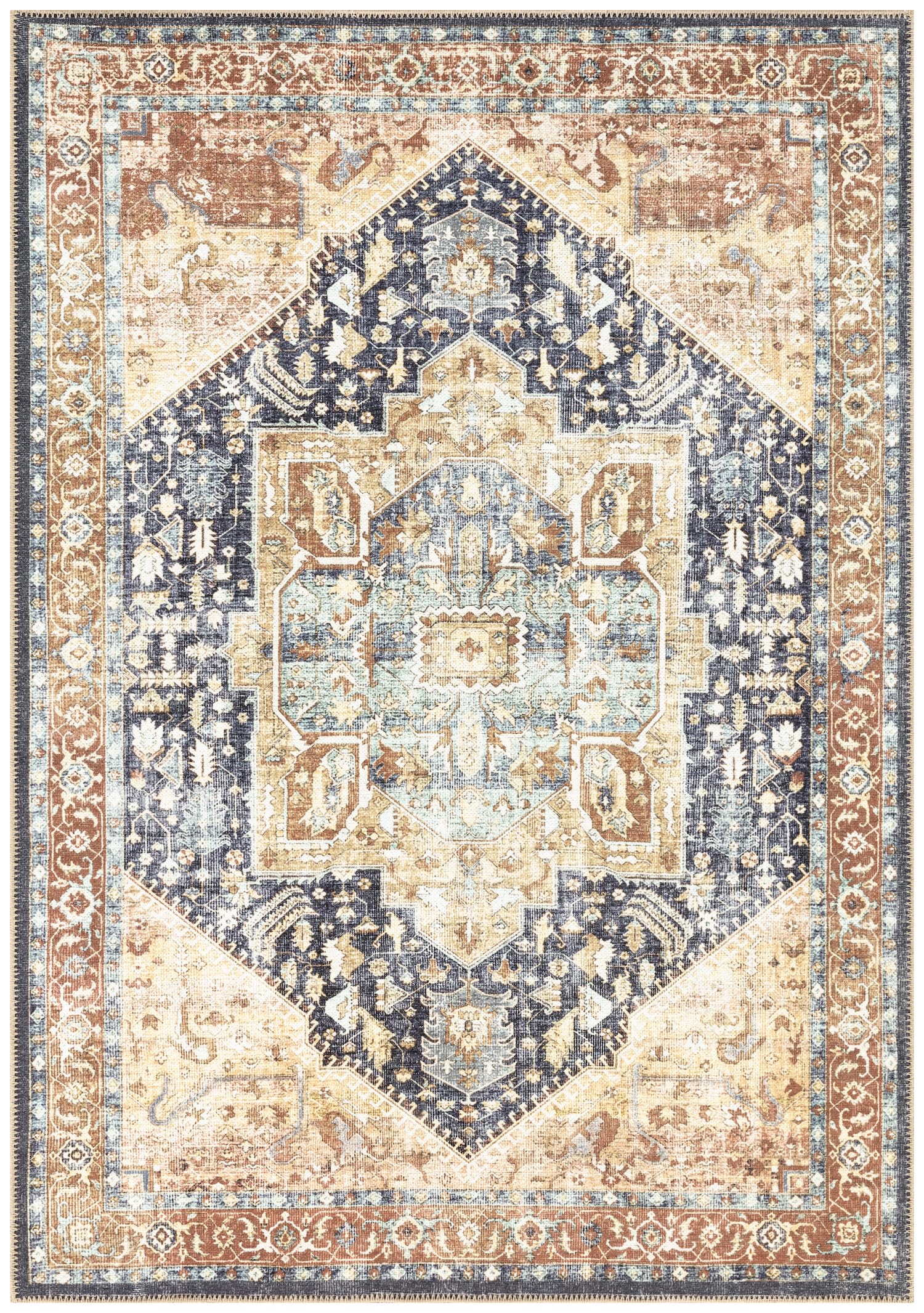 Vintage Heriz Persian area rug in navy blue and rust orange with faded medallion