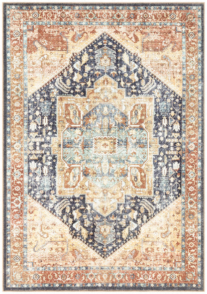 Vintage Heriz Persian area rug in navy blue and rust orange with faded medallion