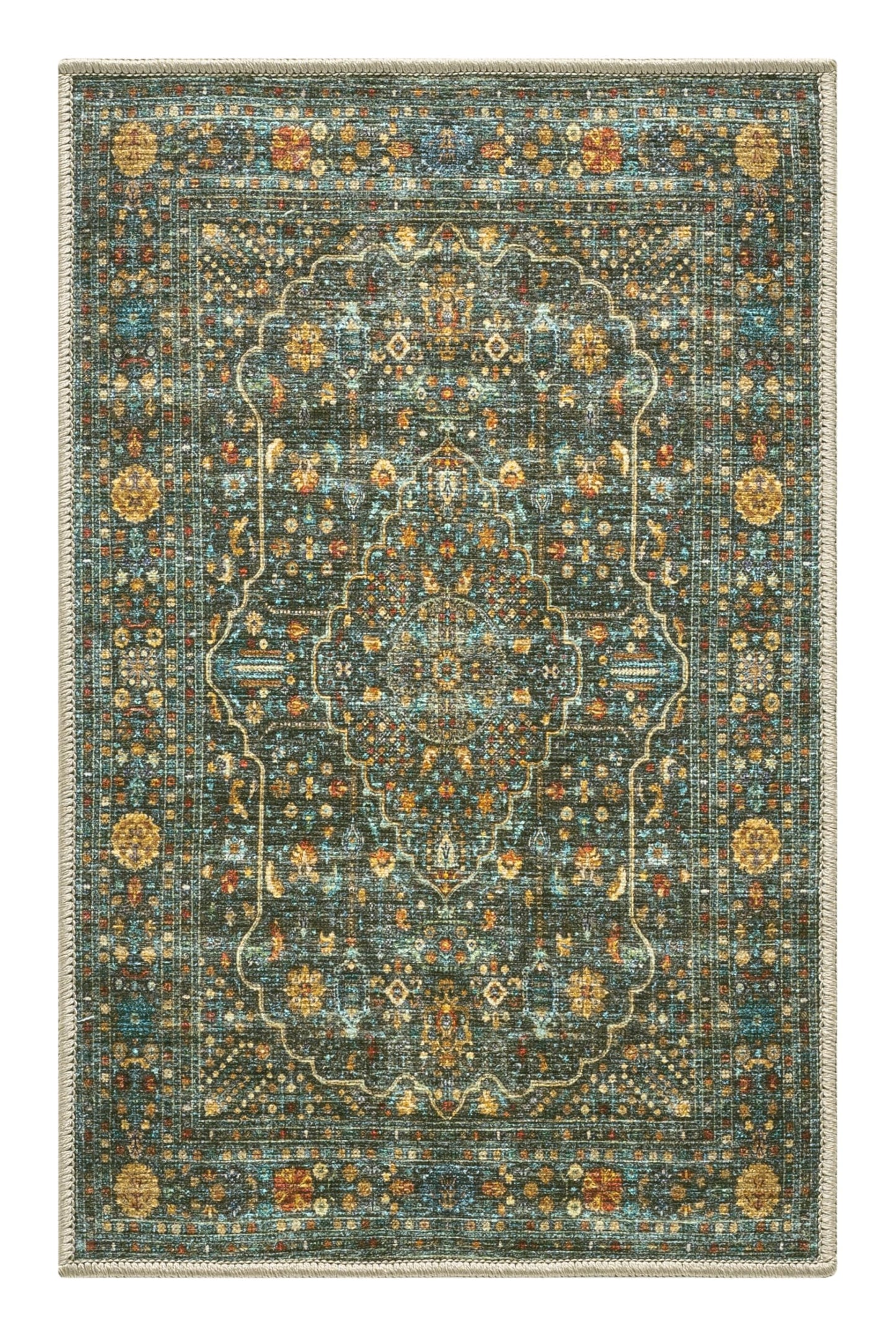 Top-down view of the forest green and gold antique Esfahan Persian rug
