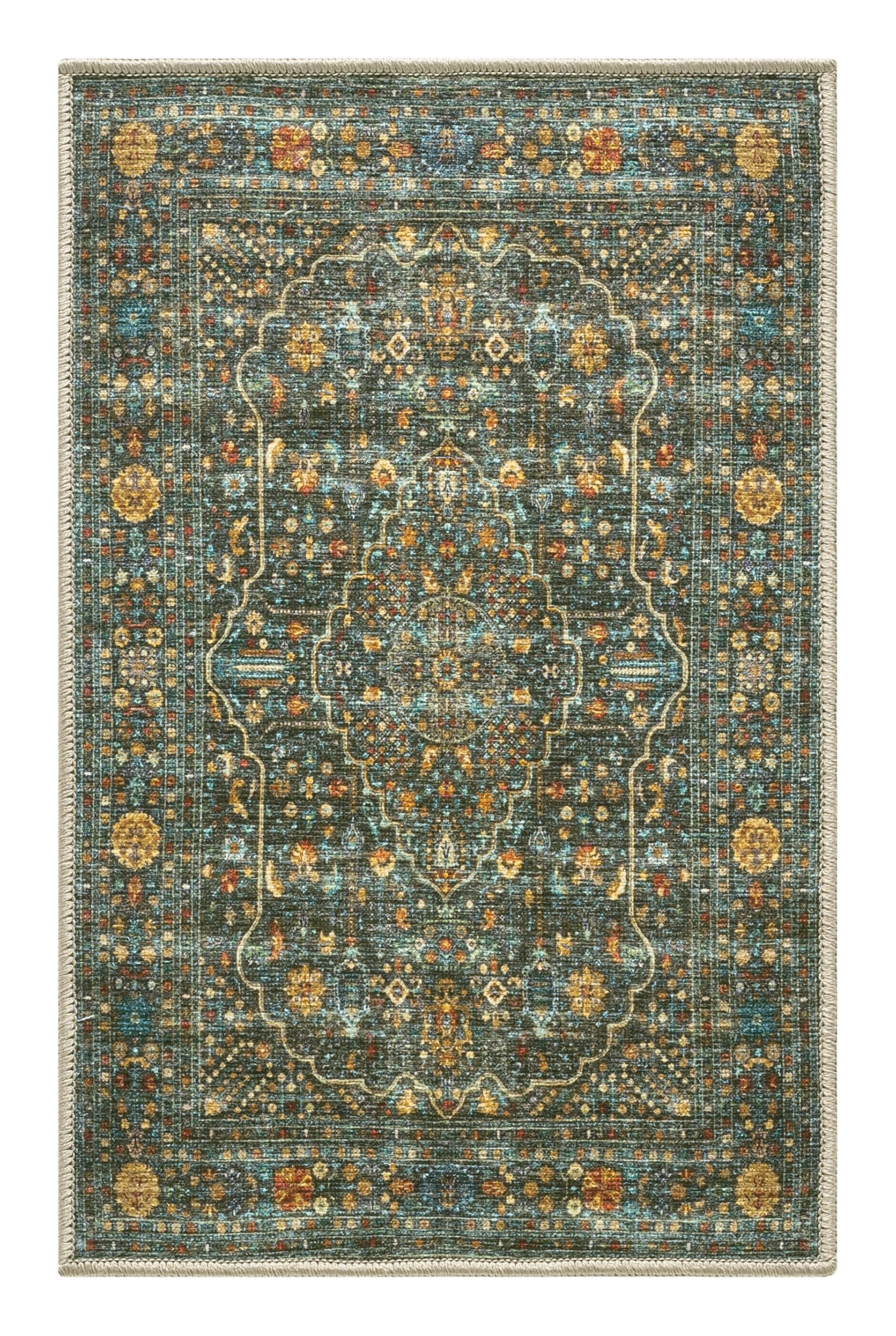 Top-down view of the forest green and gold antique Esfahan Persian rug