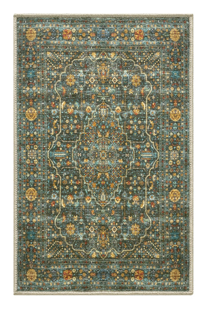 Top-down view of the forest green and gold antique Esfahan Persian rug