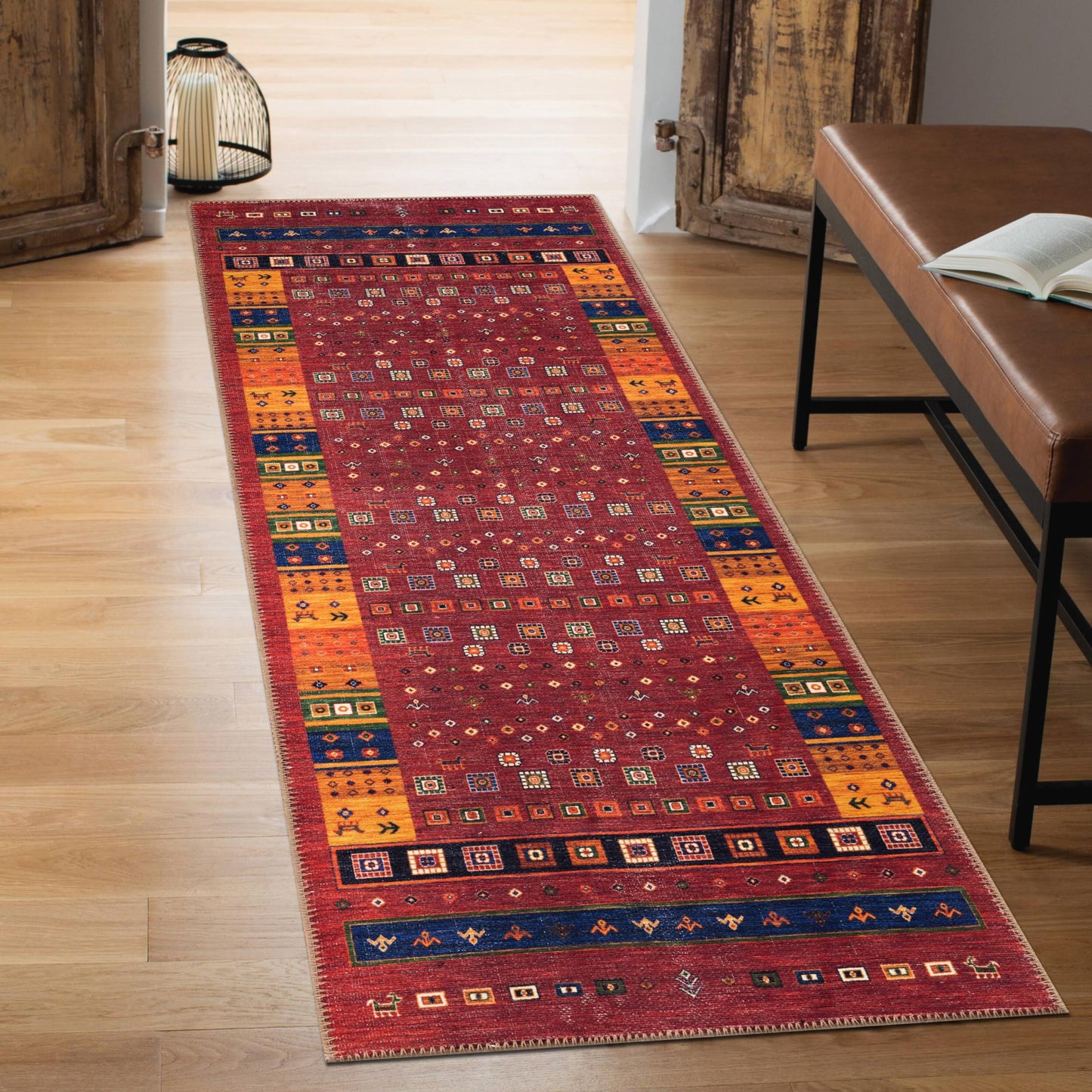 Close-up of the central Afghan medallion in coral and sage