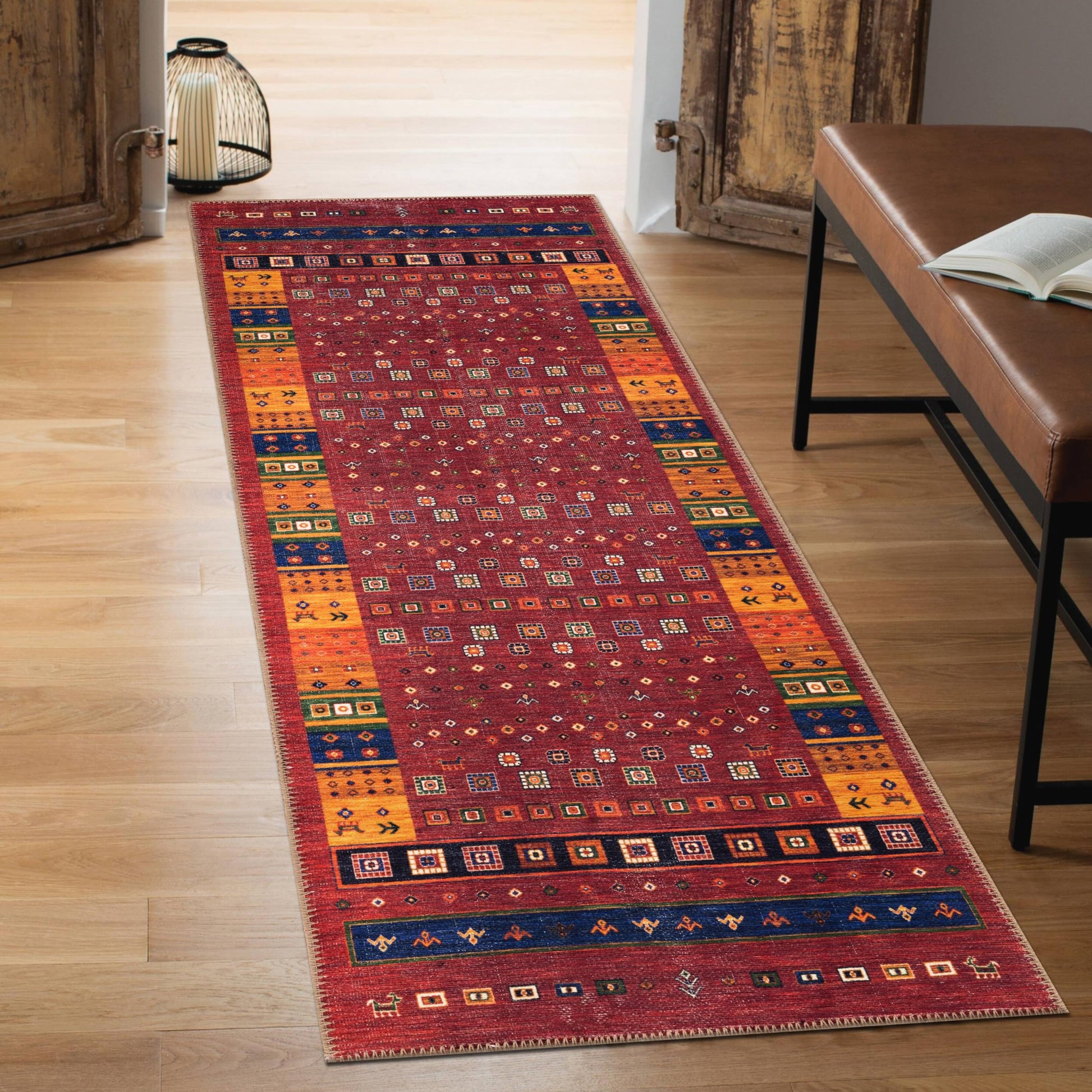 Close-up of the central Afghan medallion in coral and sage