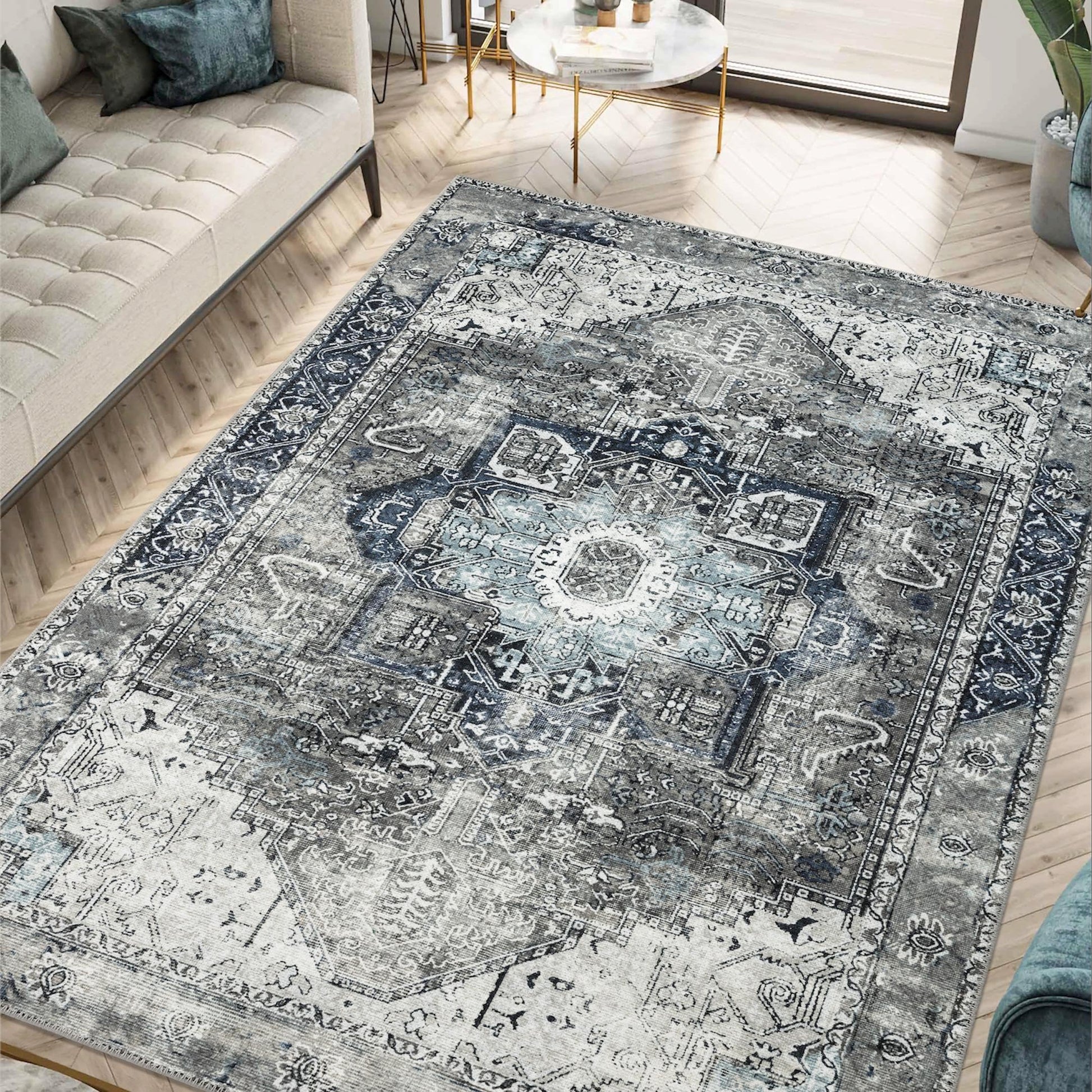 Charcoal Heriz rug styled in a modern loft living room