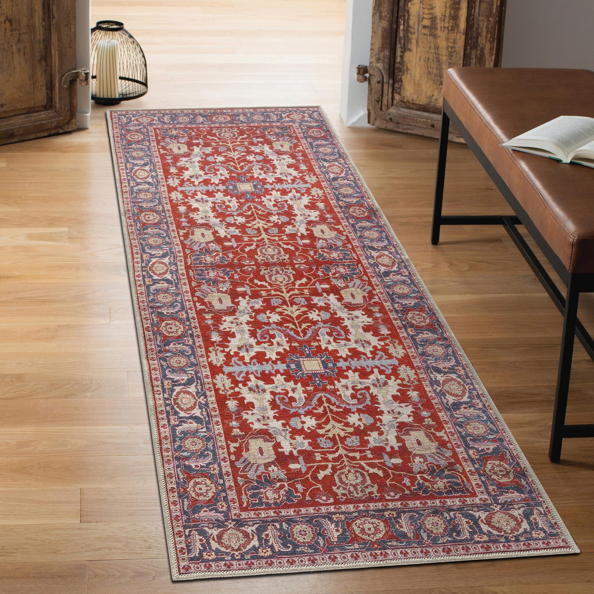 Crimson Serapi rug styled in a richly layered traditional living room