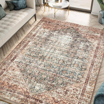 Tan Malayer rug styled in a warm farmhouse living room