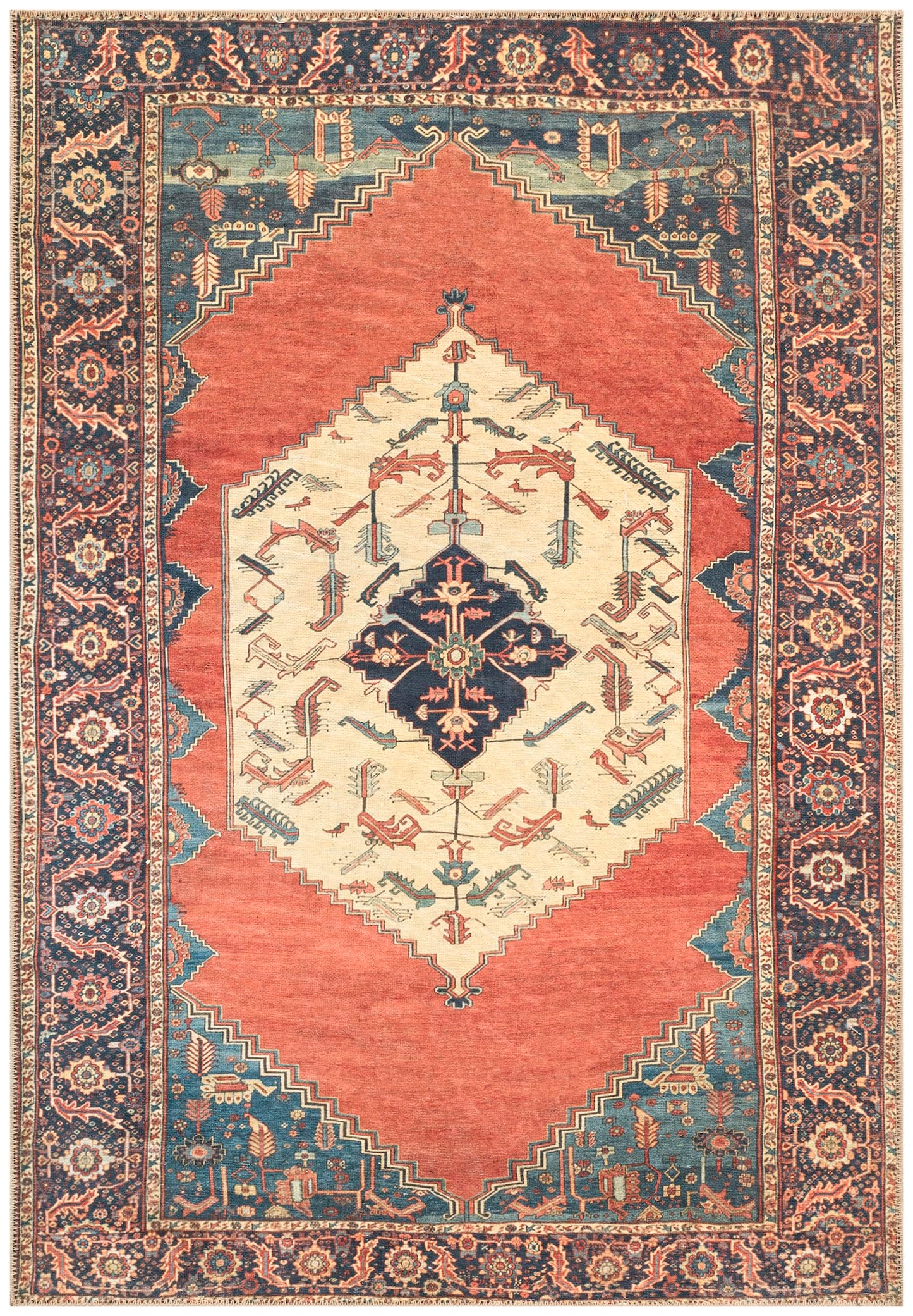 Antique Hamadan Persian area rug in indigo blue and rust with triple-medallion tribal design