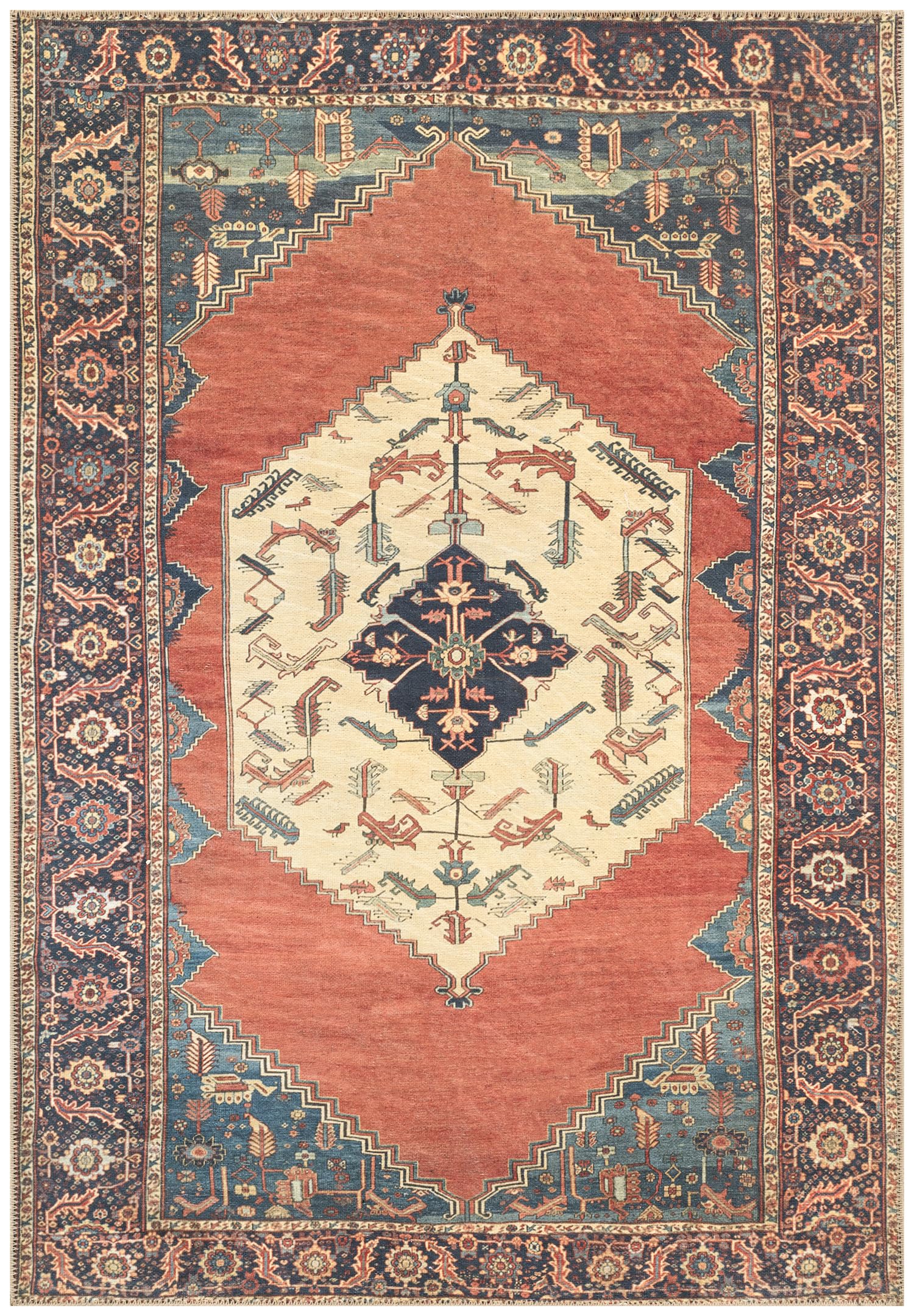 Antique Hamadan Persian area rug in indigo blue and rust with triple-medallion tribal design