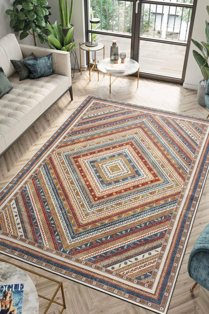 Diamond burst rug under a mid-century sofa with leather chairs