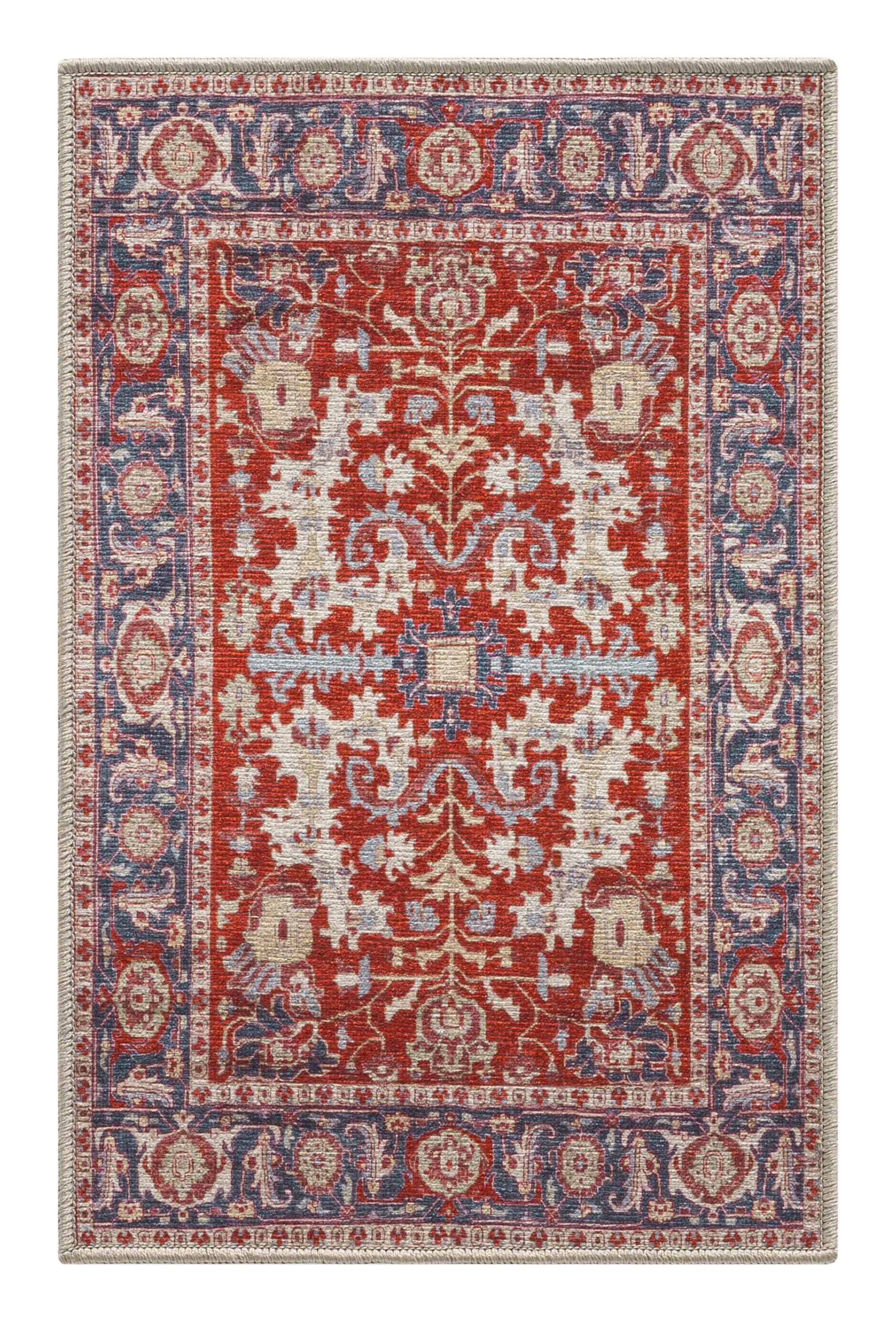 Top-down view of the crimson and teal antique Persian Serapi rug