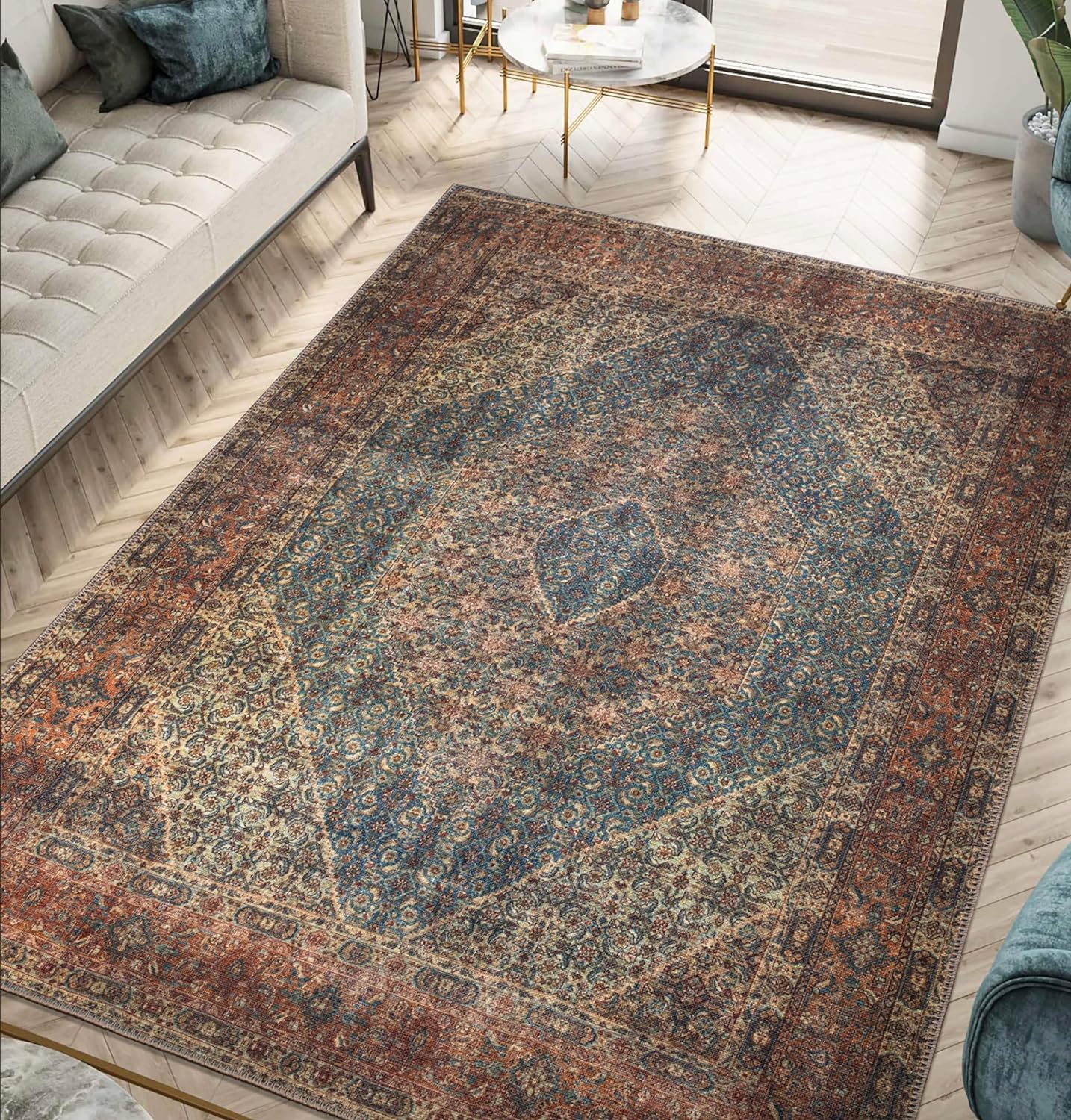 Turquoise Bidjar rug styled in a layered traditional living room