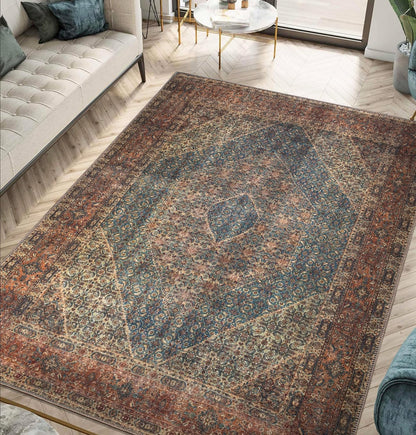 Turquoise Bidjar rug styled in a layered traditional living room