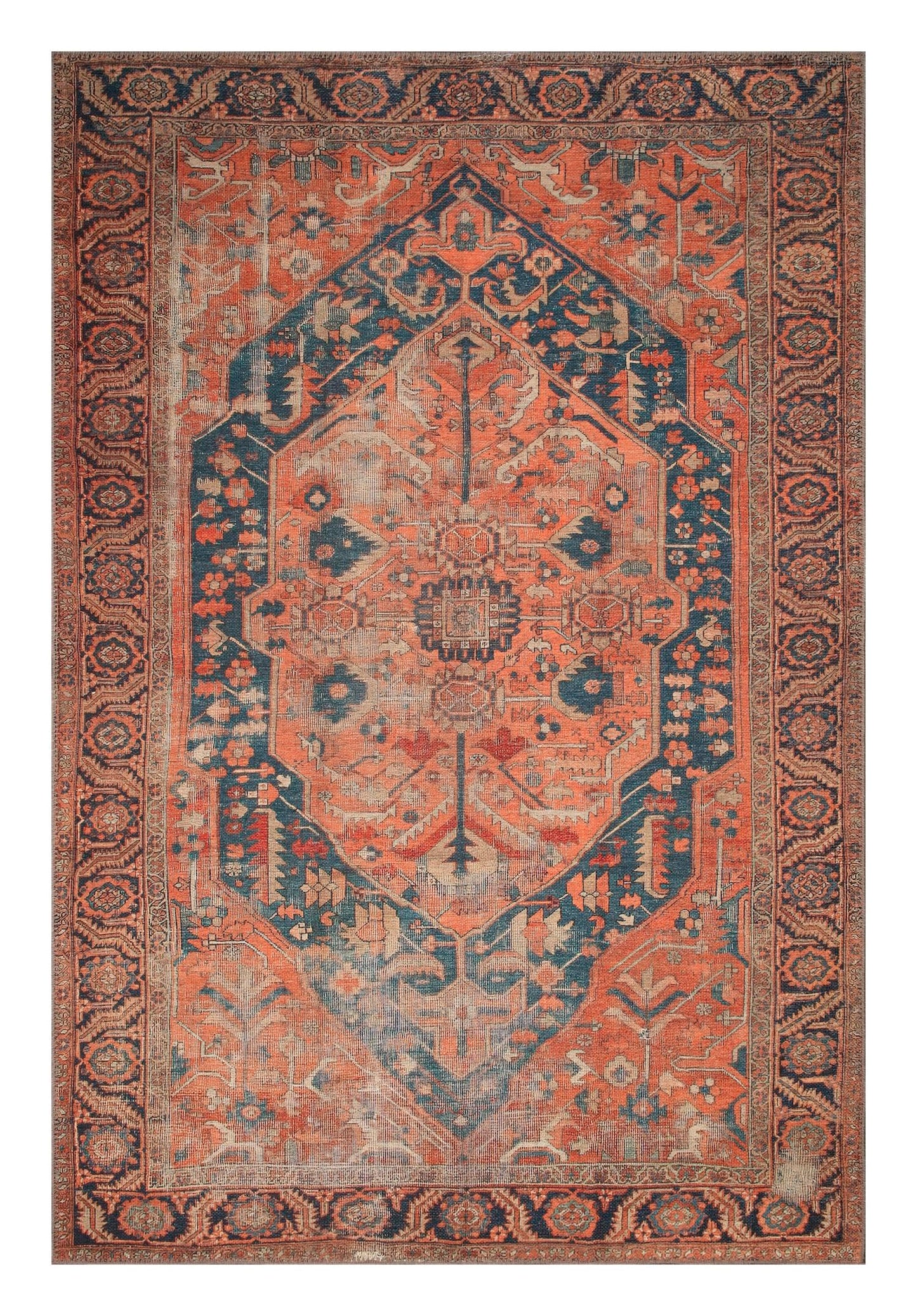 Antique Heriz Serapi Persian area rug in rust orange and indigo blue