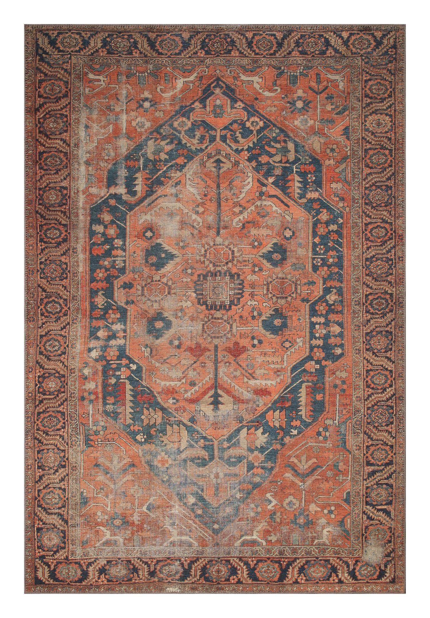 Antique Heriz Serapi Persian area rug in rust orange and indigo blue