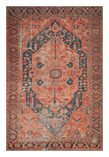 Antique Heriz Serapi Persian area rug in rust orange and indigo blue